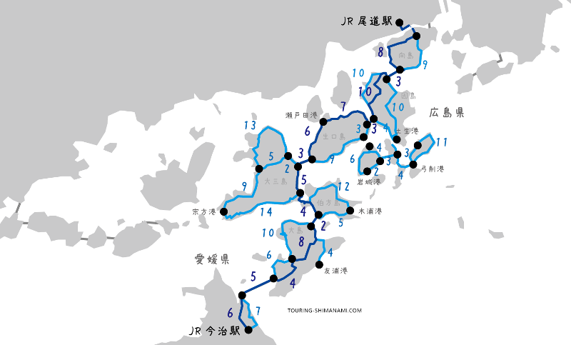 【イラスト】しまなみ海道サイクリング:主なサイクリングルートの区間ごとの距離