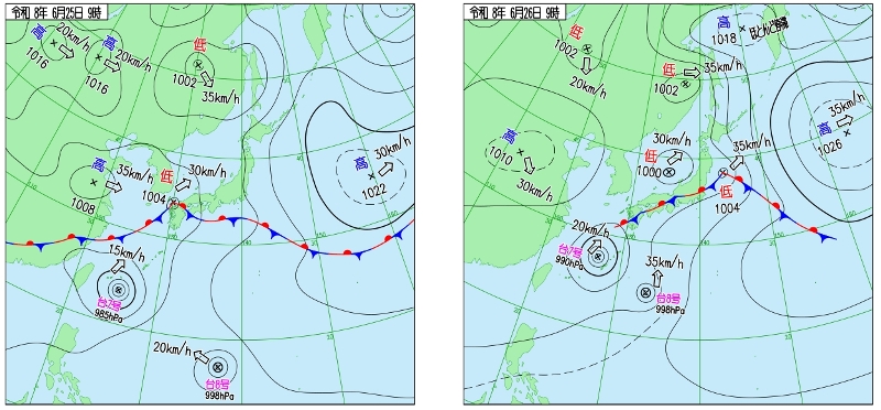2026年6月25日と26日の天気図(気象庁より引用)