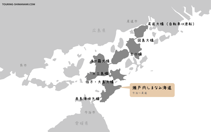 しまなみ海道の橋や島の名称と位置関係を示したマップ