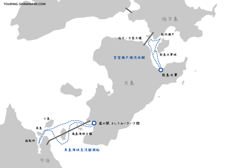 しまなみ海道の来島海峡急流観潮船と宮窪瀬戸潮流体験の観光クルーズ航路と地図