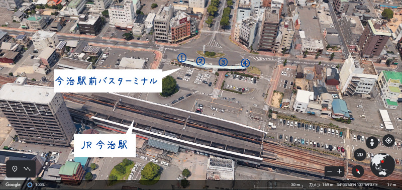 Google Earthより作成した今治駅前バスターミナルの乗り場