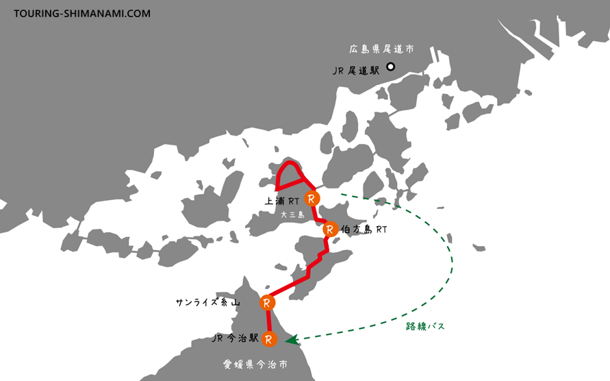 【イラスト】しまなみ海道の1日モデルコース：サイクリングプラン3行けるとこまでサイクリング
