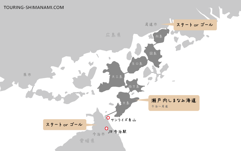 【イラスト】JR今治駅からサンライズ糸山への行き方：しまなみ海道のロケーションとそれぞれの島の名前を示した地図