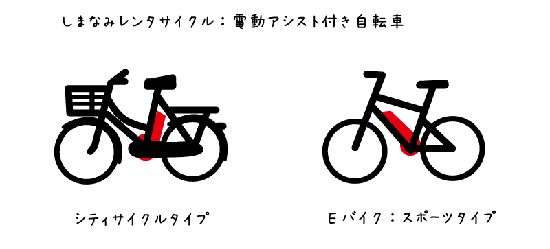【イラスト】しまなみ海道の電動アシスト自転車：シティサイクルタイプとスポーツタイプ