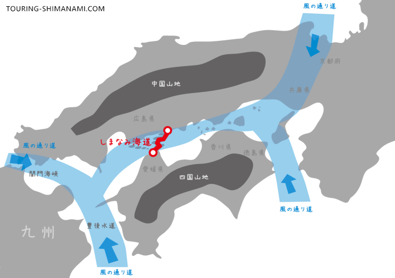 【イラスト】しまなみ海道の風向きや風速をイメージした瀬戸内海地域の地図
