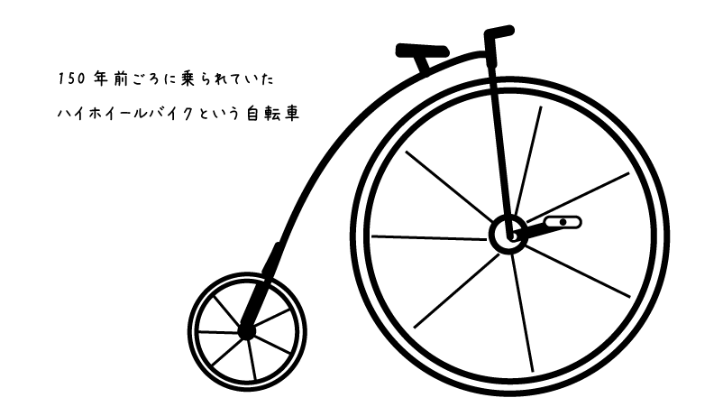 【イラスト】自転車の部分の名称と基本的な仕組み：1800年代の後半ごろにあったハイホイールバイクという自転車
