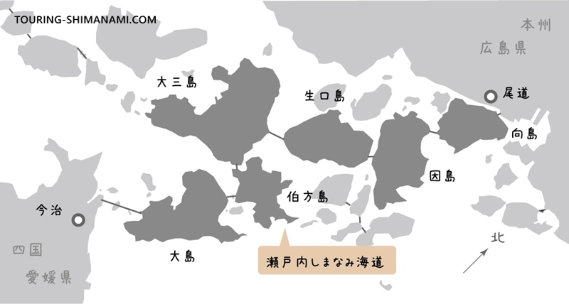【イラスト】1日モデルコース・尾道スタート：しまなみ海道の全体像を示したイメージマップ