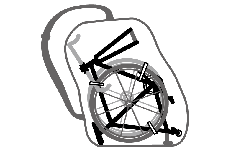 【イラスト】スポーツ自転車の輪行の方法：輪行袋の中に収納されたロードバイクの図解