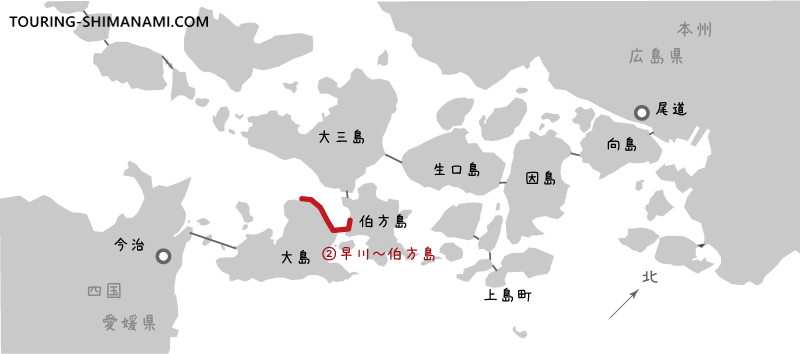 【イラスト】しまなみ海道で特に景色の良い区間：②早川～伯方島のルートマップ