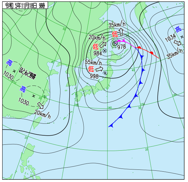 2023年11月18日（土）9時の天気図（気象庁HPより引用）