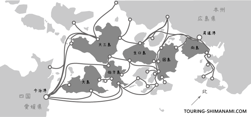 【イラスト】しまなみ海道の歴史：しまなみ海道の島々に1970年代に運航されていた航路図