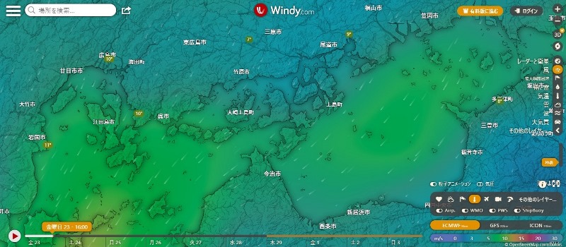 【スクリーンショット】しまなみ海道の風：しまなみ海道に北東の風（Windy.comより）