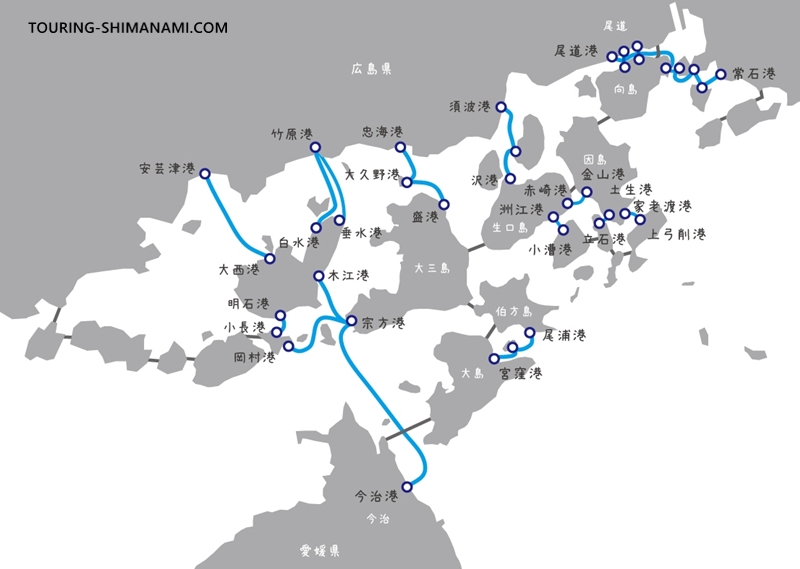 【イラスト】しまなみ海道の船：自動車やオートバイを積載可能なしまなみ海道の航路