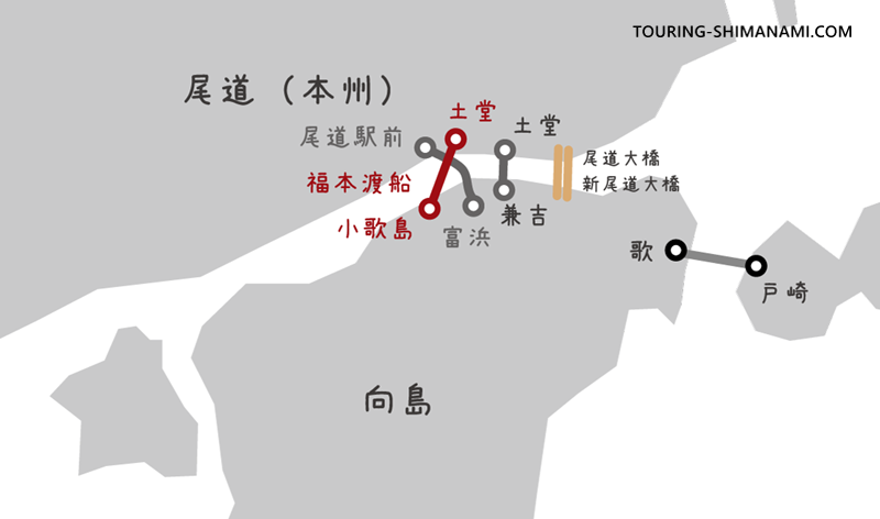 【イラスト】福本渡船廃止：尾道水道の3つの航路の位置と尾道大橋