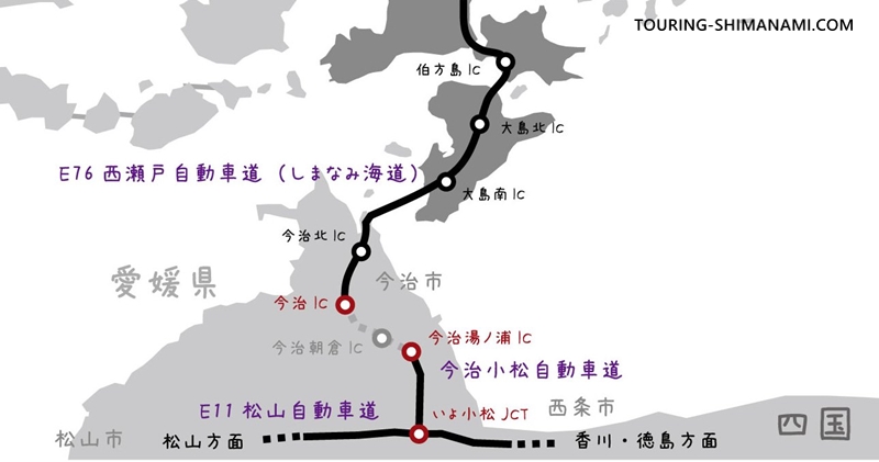 【イラスト】しまなみ海道への高速道路乗継ぎルート：愛媛県側の高速道路ルート図