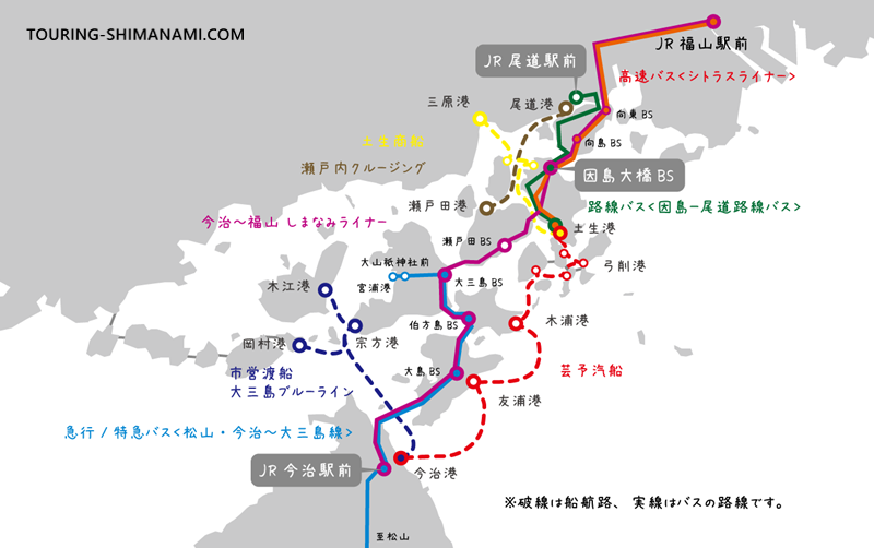 【イラスト】しまなみ海道の主なバス路線と航路