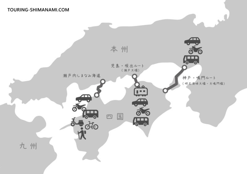 【イラスト】しまなみ海道を含む3つの本四連絡橋の交通手段