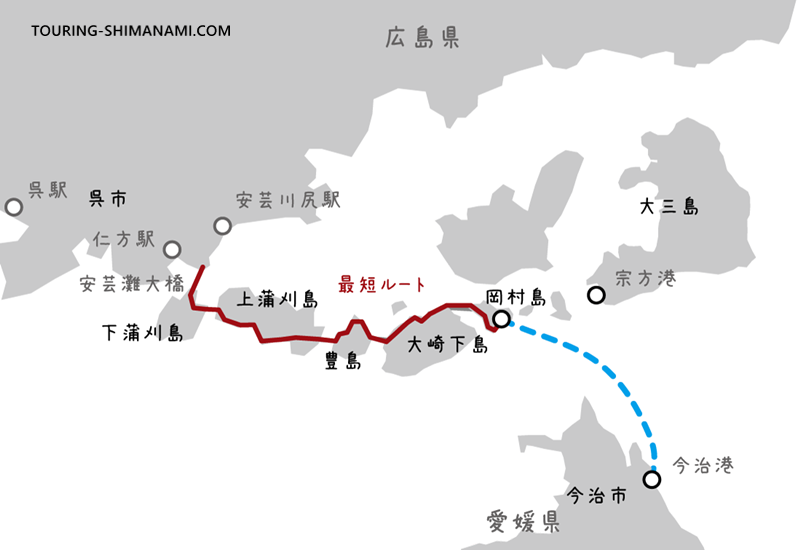 【イラスト】とびしま海道サイクリング:サイクリング推奨コース(最短コース)