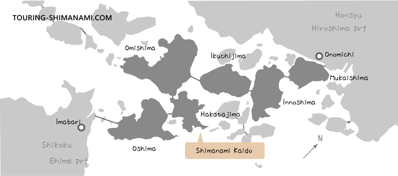 [Illustration] Shimanami Kaido Cycling: Map illustration showing the locations of the islands on the Shimanami Kaido