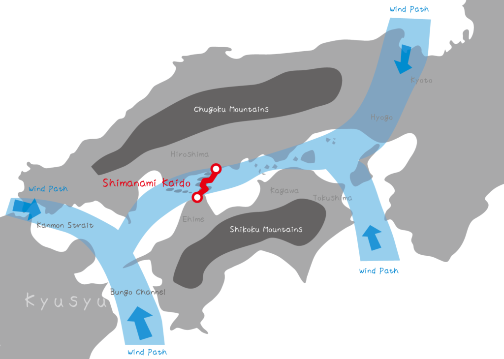 [Illustration] A map of the Seto Inland Sea region showing wind direction and speed on the Shimanami Kaido