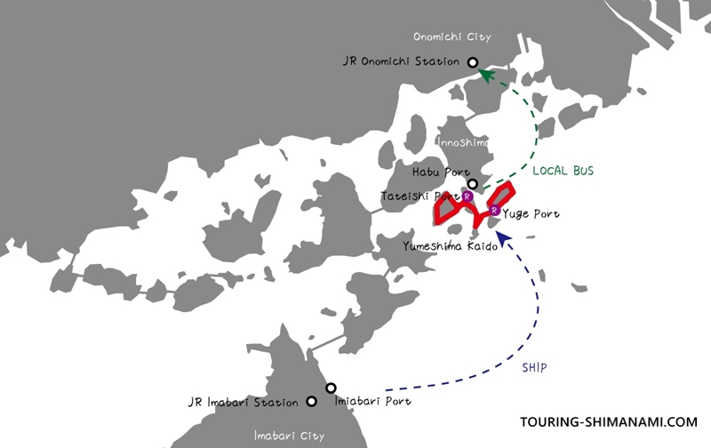 Map illustration of Yumeshima Kaido cycling route using ferries