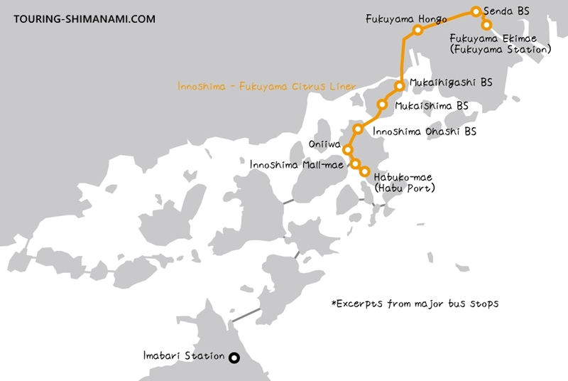 Illustration: Citrus Liner route map and key stops between Innoshima and Fukuyama