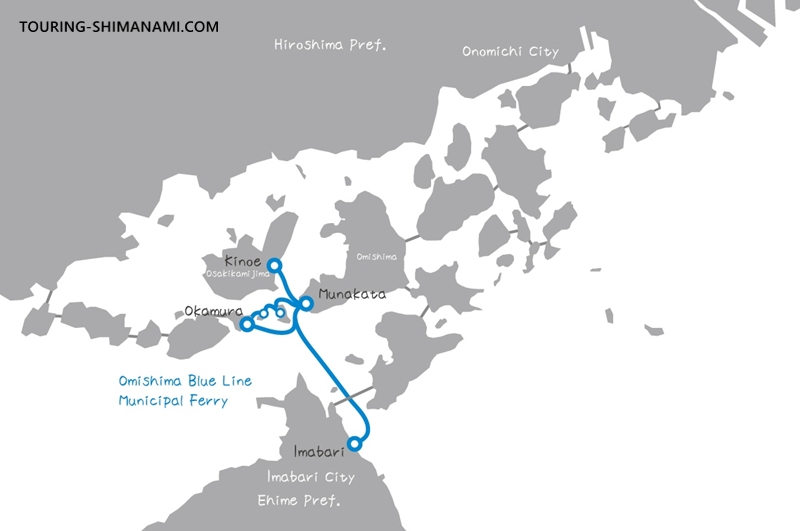 Route map of Omi Blue Line and Municipal Ferry from Imabari Port to Munakata Port