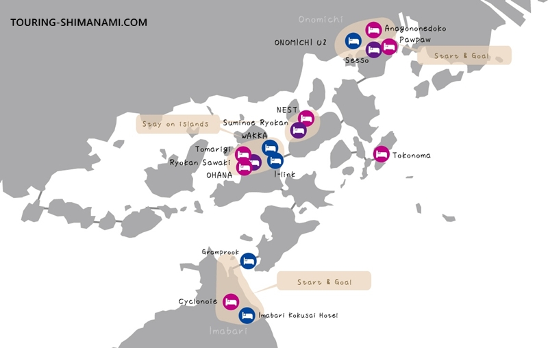 Map showing recommended accommodations along the Shimanami Kaido