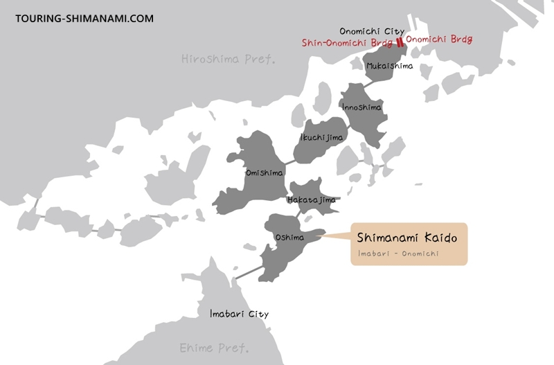 Map showing the locations of the Shimanami Kaido, Onomichi Bridge, and Shin-Onomichi Bridge
