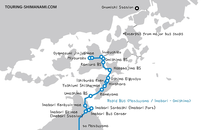 Illustration: Route map and main bus stops for the Express Bus from Matsuyama / Imabari to Omishima