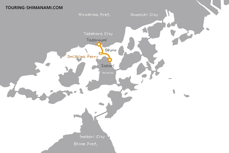 Route map of Omishima Ferry from Mori Port to Okunoshima and Tadanoumi