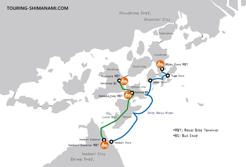 Illustration: Suggested rental return points when cycling from Onomichi to Imabari