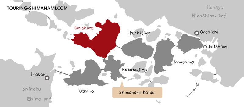 [Illustration] Accommodation in Omishima: Map of the Shimanami Kaido showing the location of Omishima