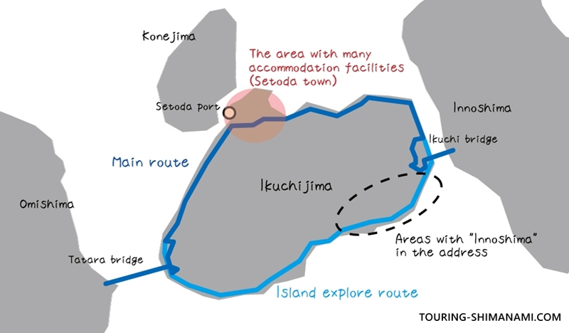 Accommodations on Ikuchijima: Main accommodation areas and cycling routes