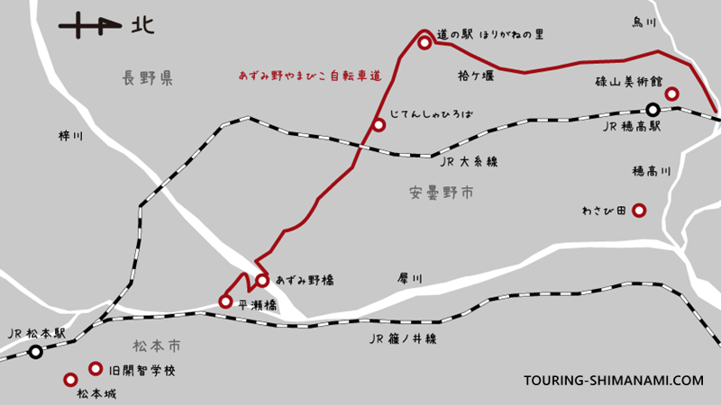 【イラスト】日本のサイクリングルート:あづみ野やまびこ自転車道のルートイメージ