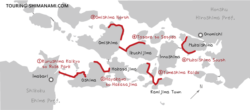 [Illustration] Especially scenic sections on the Shimanami Kaido: six carefully selected routes with outstanding views