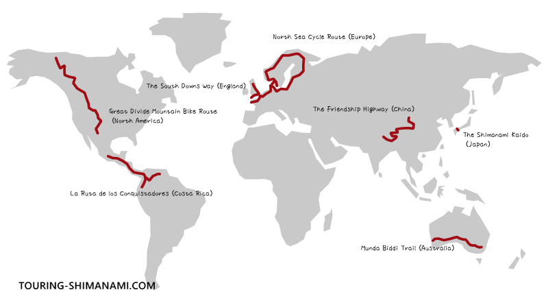 [Illustration] CNN’s Seven Best Bike Routes in the World: A world map showing the selected routes