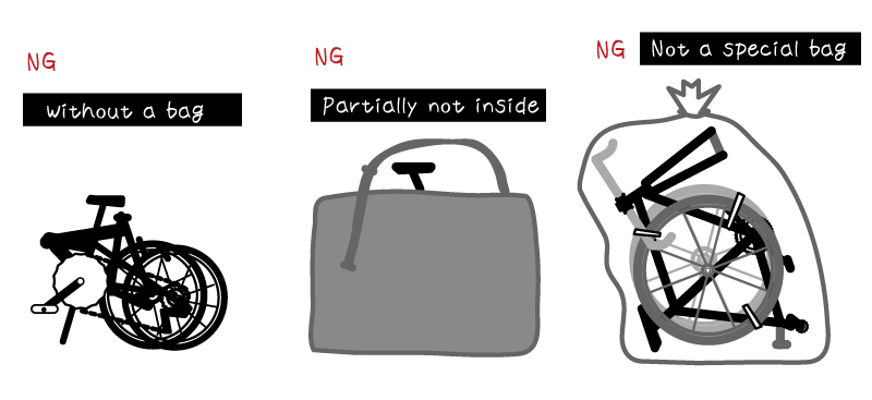[Illustration] Examples not allowed on JR trains: no bag, parts sticking out, or using a garbage bag