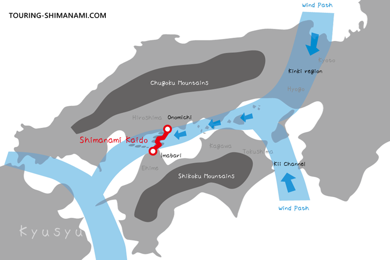 [Illustration] Wind on the Shimanami Kaido: Typical easterly winds in the Seto Inland Sea and the Shimanami Kaido