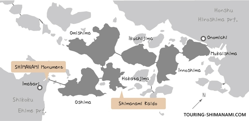 [Photo] SHIMANAMI Letter Monument: map showing the location of Sunrise Itoyama in relation to Shimanami Kaido
