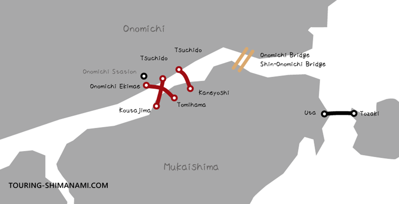 Illustration showing the three ferry routes between Onomichi and Mukaishima