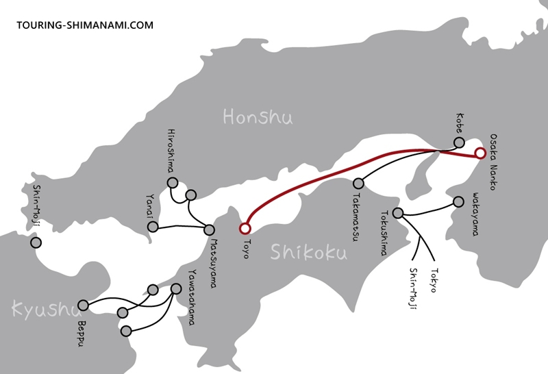 Map of major ferry routes from surrounding areas to Shikoku
