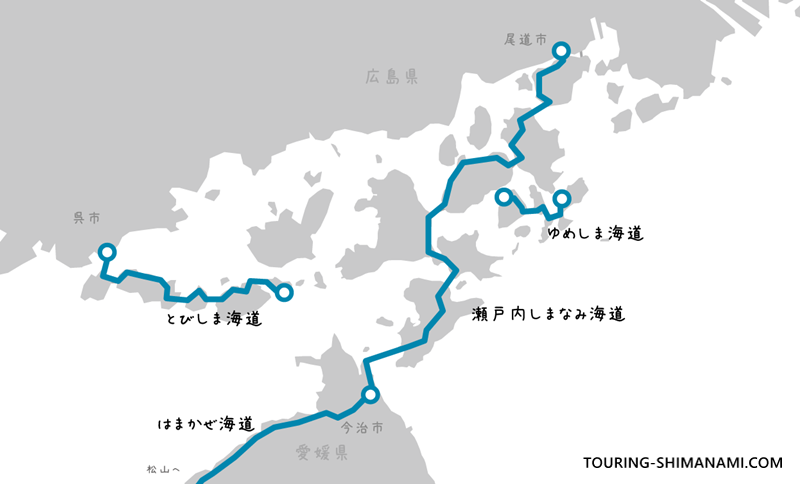 【イラスト】海道サイクリング:しまなみ海道周辺の主なサイクリングコース